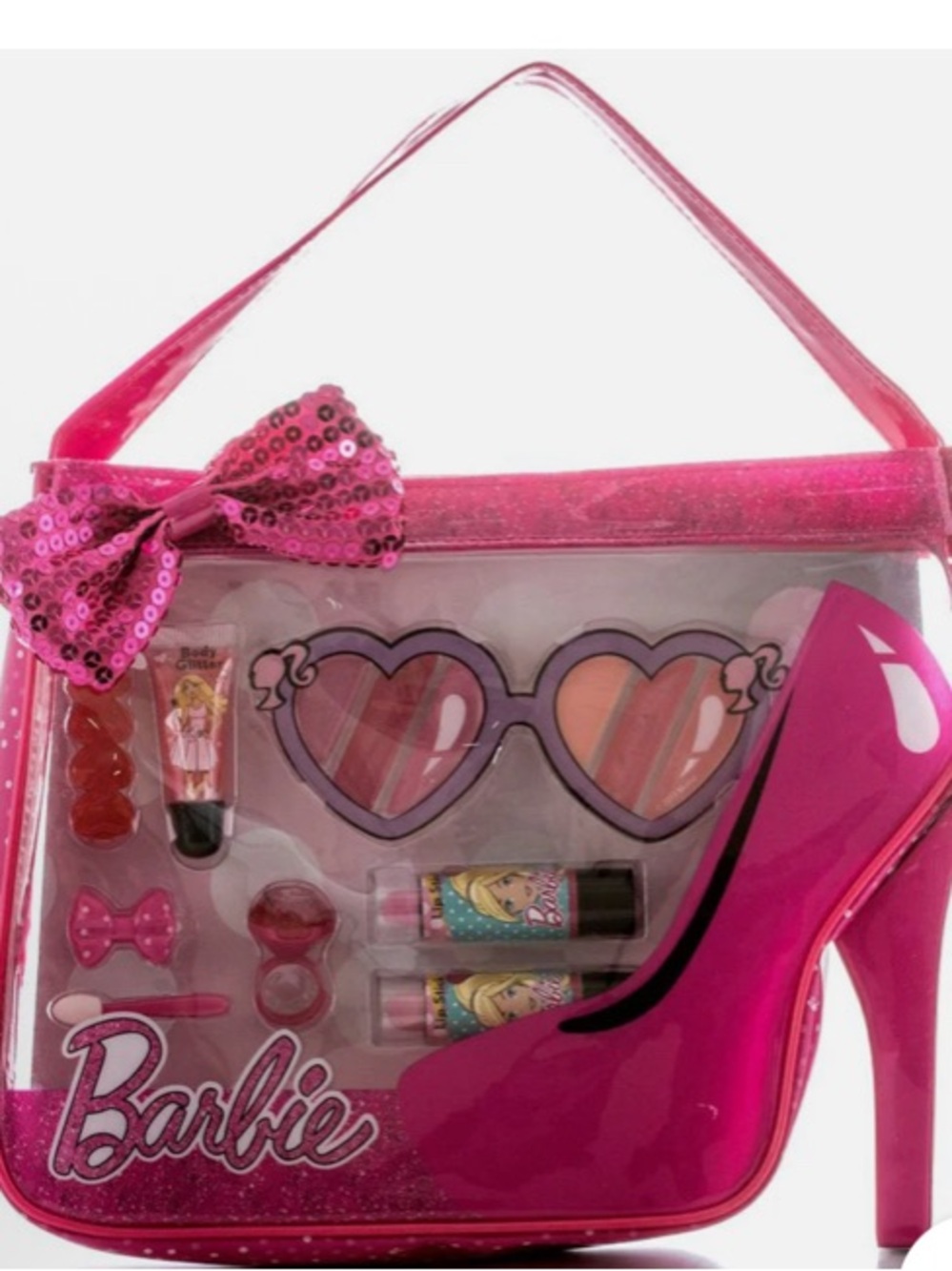 Barbie Pink Sequin Bow Cosmetic Play Set with Heart Sunglasses - Picture 4 of 5